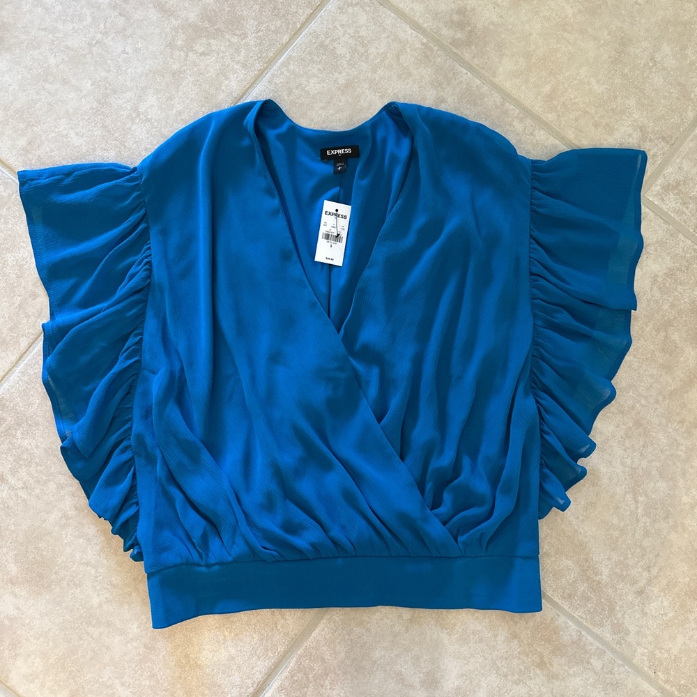 Express Teal Flutter-Sleeve Wrap Blouse
